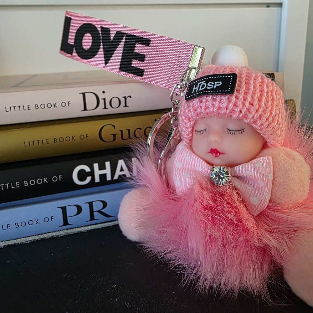 Cute Baby Sleeping Keychain with LOVE tag, Plush rabbit fur, Bag Charm,